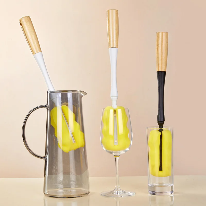 4140 Bamboo Long Handle Sponge Cup Brush Bottle Kitchen Cleaning Brush Water Cup Cleaning Large Brush