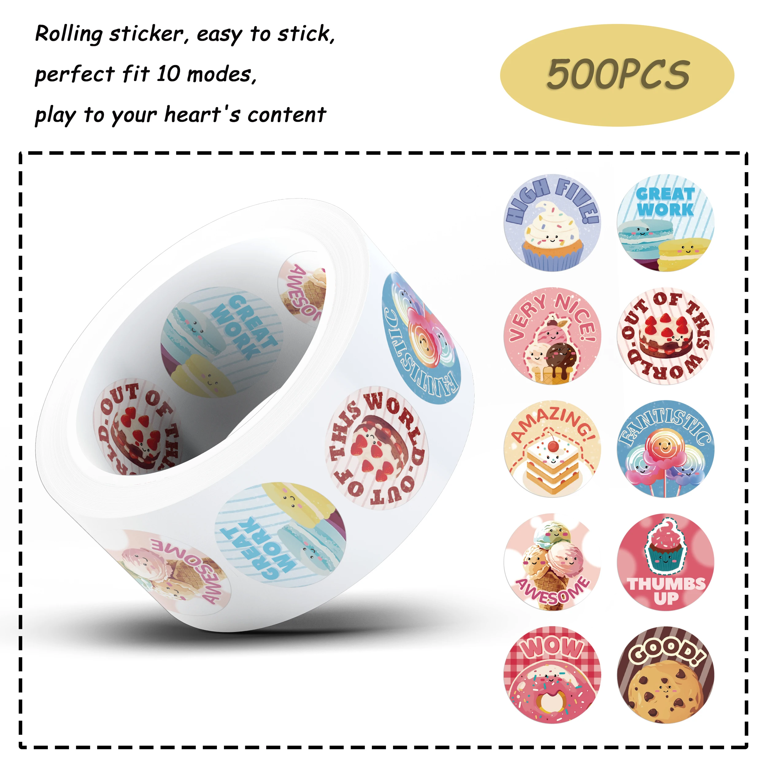 500PCS Dessert Rewards Roll Stickers Cute Cartoon Cake Decals For iPad Student Tablet Laptop Luggage Refrigerator DIY Stickers