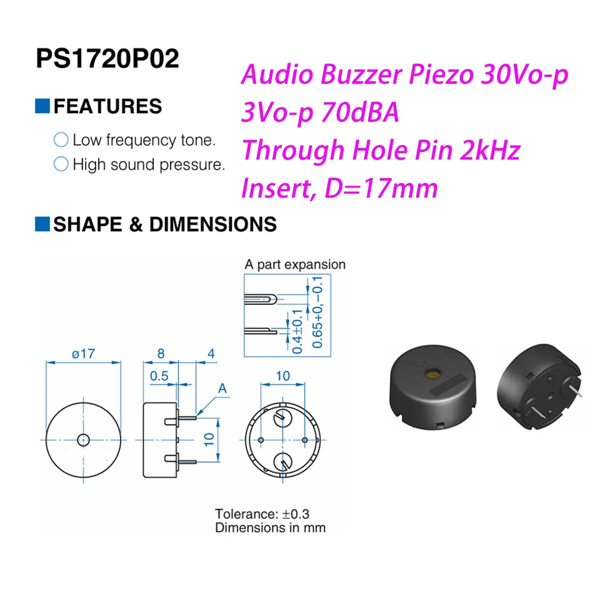 10PCS PS1720P02 2kHz NEW Original 30Vo-p 3Vo-p 70dBA Through Hole plugin D=17mm Without oscillator Audio Piezoelectronic buzzers
