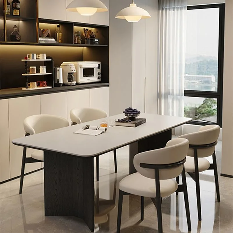 Italian Minimalist Wood Dining Table Chair Set Rectangular Dining Table With White Slate Fixed Tabletop for Small Apartment