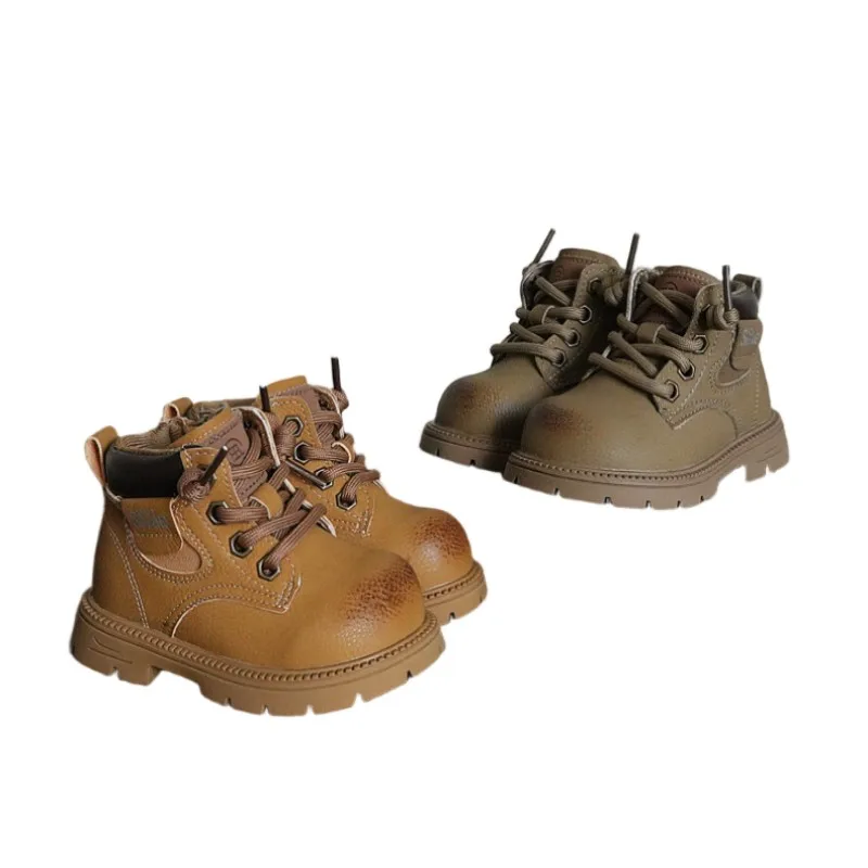 

16-26 baby riding boots autumn soft soled boys' short boots British retro leather boots girls' fashionable casual shoes tawny