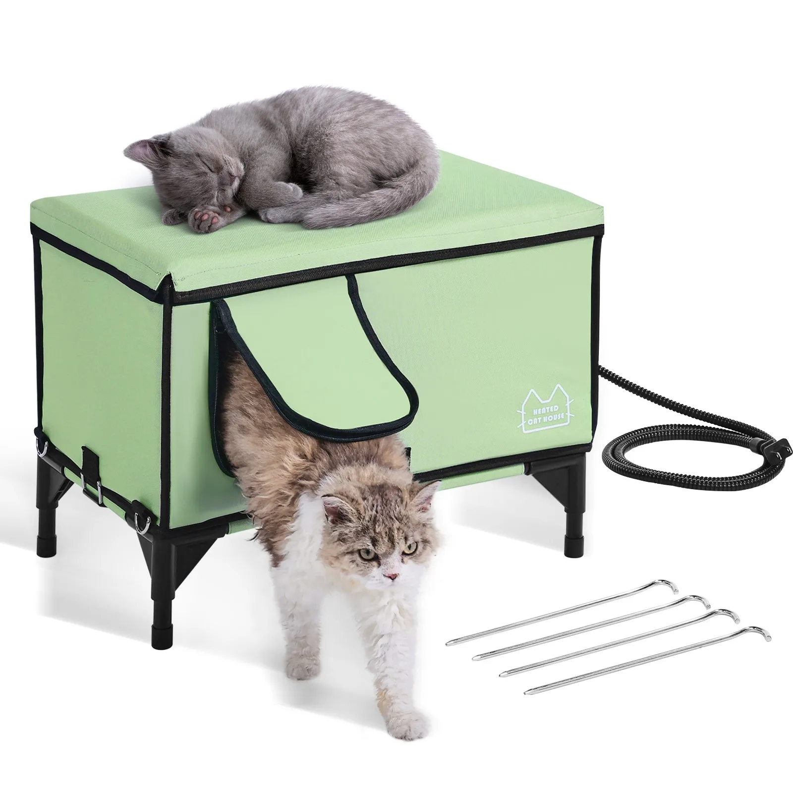 

Elevated Heated Cat House Cube Shelter with Warm Heating Pad for Kitten Indoor Outdoor Green M