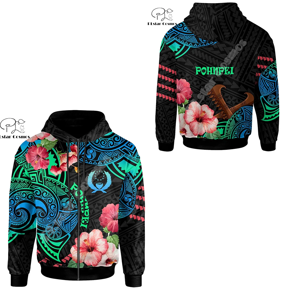 Polynesia Culture Island Country Pohnpei Flag Tribal Colorful Turtle Tattoo Retro 3DPrint Harajuku Casual Funny Hoodies Jacket C