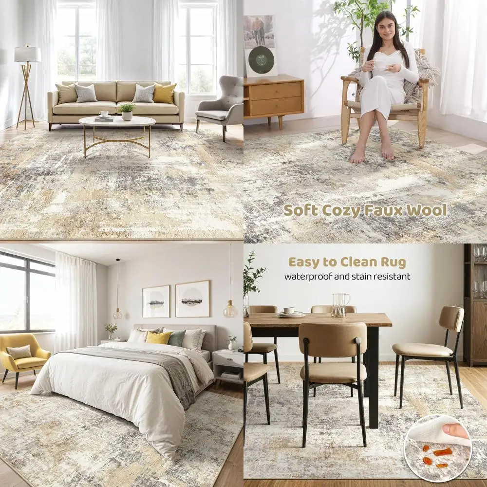 Large 8x10 Washable Abstract Neutral Rug, Stain Resistant, Non-Slip for Living Room, Bedroom, and More - Grey Gold