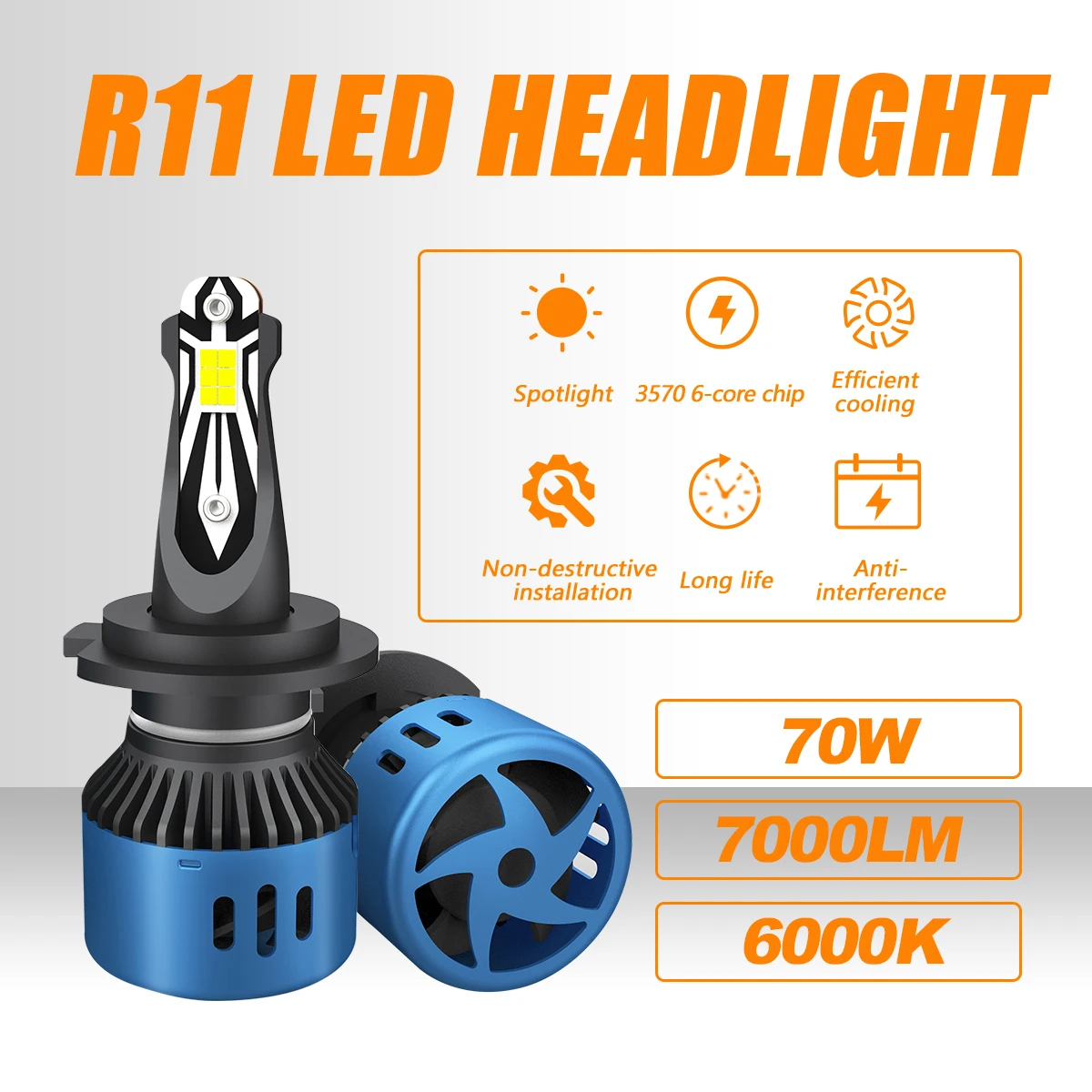 AKE R11 9004 led headlight bulb 6000K 7000Lm hi-low beam foco led h1 h3 h4 h7 h11 880 5202 9005 9006 9007 9012 car led lights