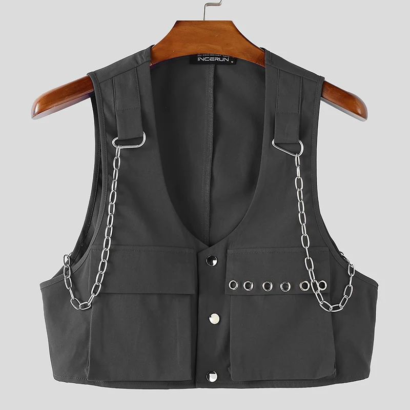 

INCERUN Men Vests Solid Color Chain Decoration V Neck Sleeveless Crop Tops Men Streetwear Fashion Casual Male Waistcoats S-3XL