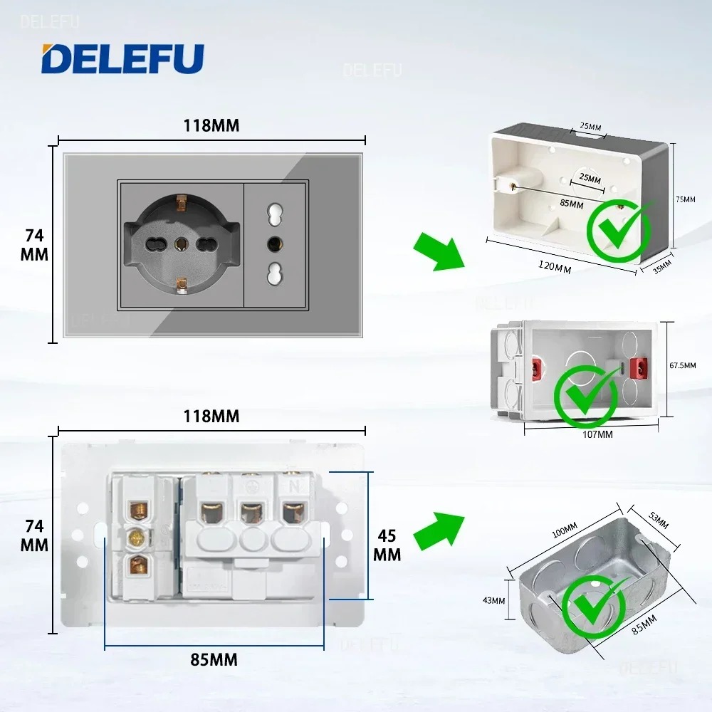 DELEFU Grey Tempered Glass Italian Standard German-Italian Socket USB Type C Wall Socket Switch Satellite TV Phone CAT5 CAT6