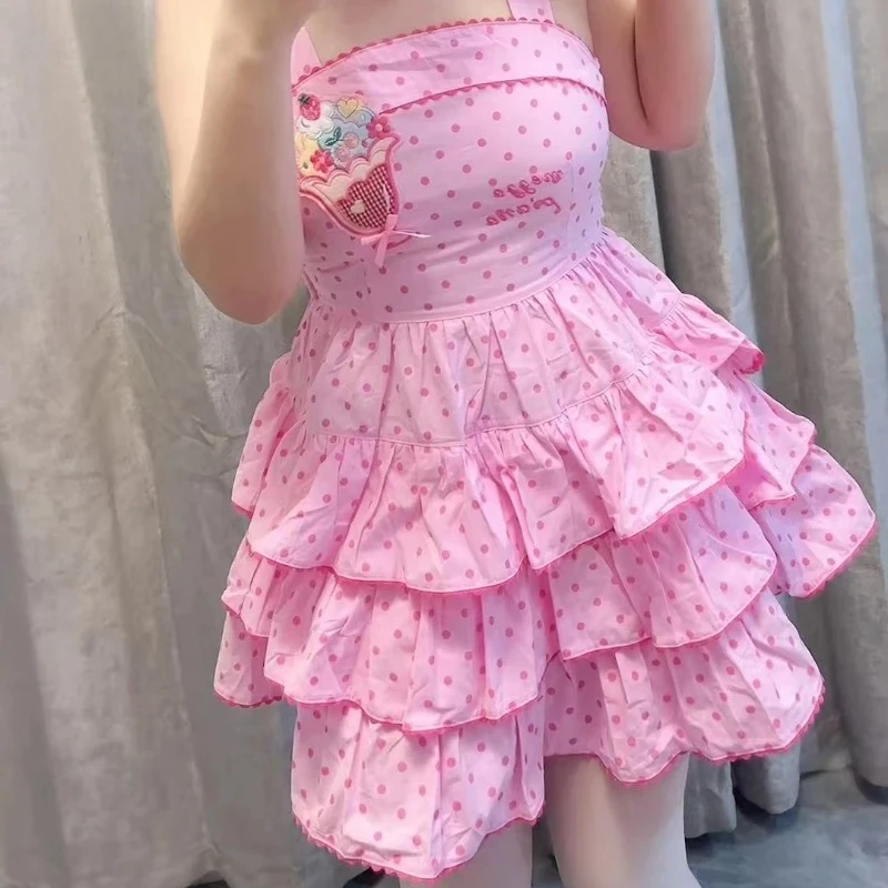 2025 giapponese Kawaii Lolita stile cinturino vestito da donna dolce gelato ricamo a pois stampa torta abiti Y2k partito mini abito