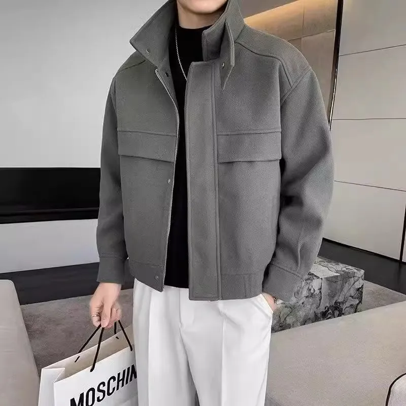 Autumn Winter Wool Blend Jacket Men's Short Thick Casual Streetwear Outerwear