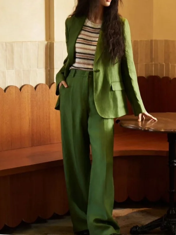 

Retro Linen Suit Jacket And Pants Set in Grass Green for Commuting Casual Workwear Female Spring Summer Fashion