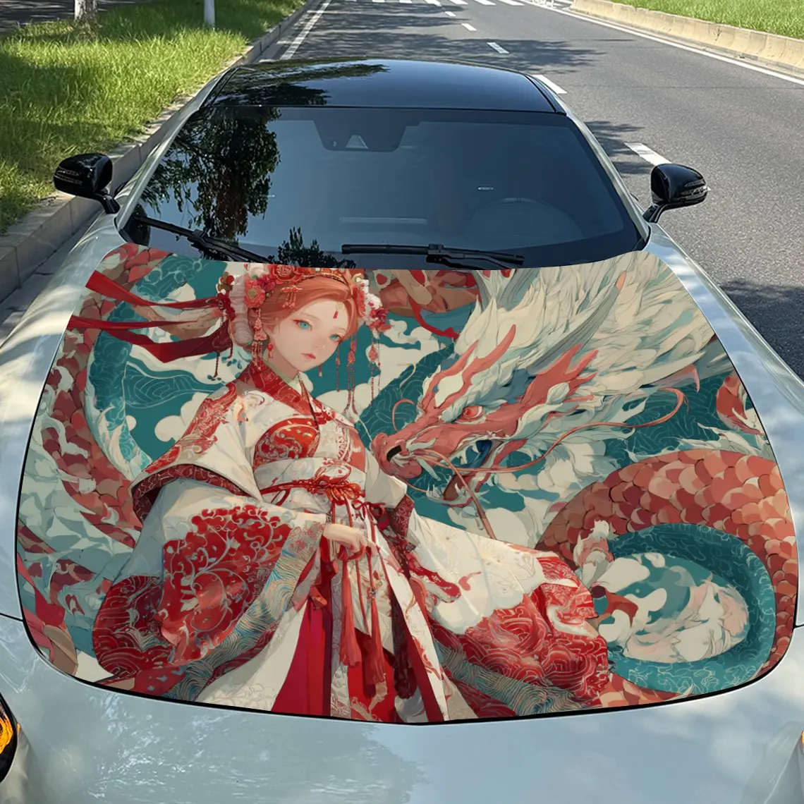 

Kimono Girl And Dragon Car Hood Vinyl Wraps, PVC Waterproof Car Bonnet Decals, Self-Adhesive Scratch-Resistant Stickers For Engi