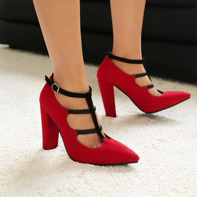 

T Strap Mary Jane Pumps Women Pointed Toe Chunky Heels Faux Suede Ankle Buckle Shoes Wedding Office Shoes