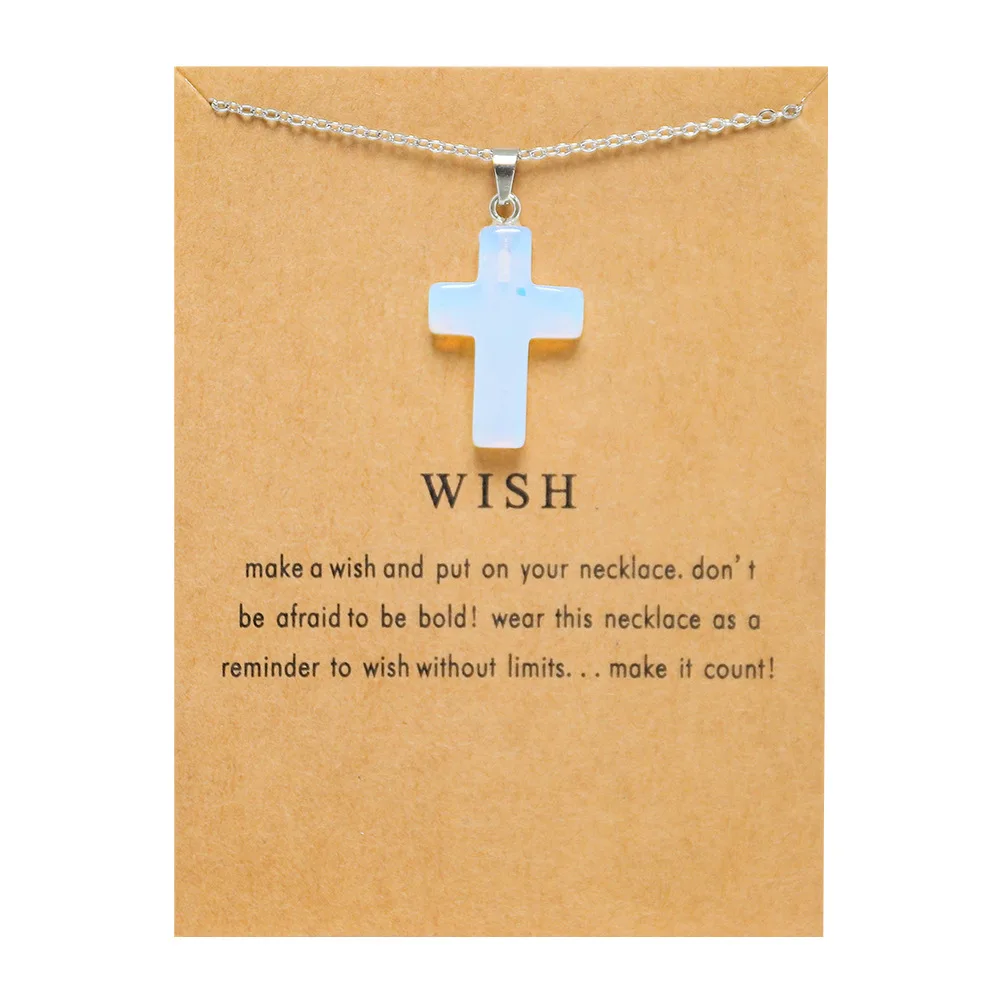 New Trendy Fashion Alloy Silver Color Wish Card Glass Natural Stone Cross Pendent Necklace for Women Girl Gift Birthday Jewelry