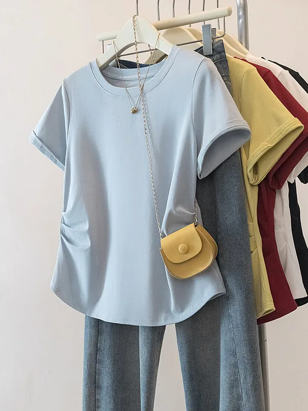

Slimming Color Summer T-Shirt Large Size Versatile Waist-Cinching Square Neck Casual Top Breathable Skin-Friendly
