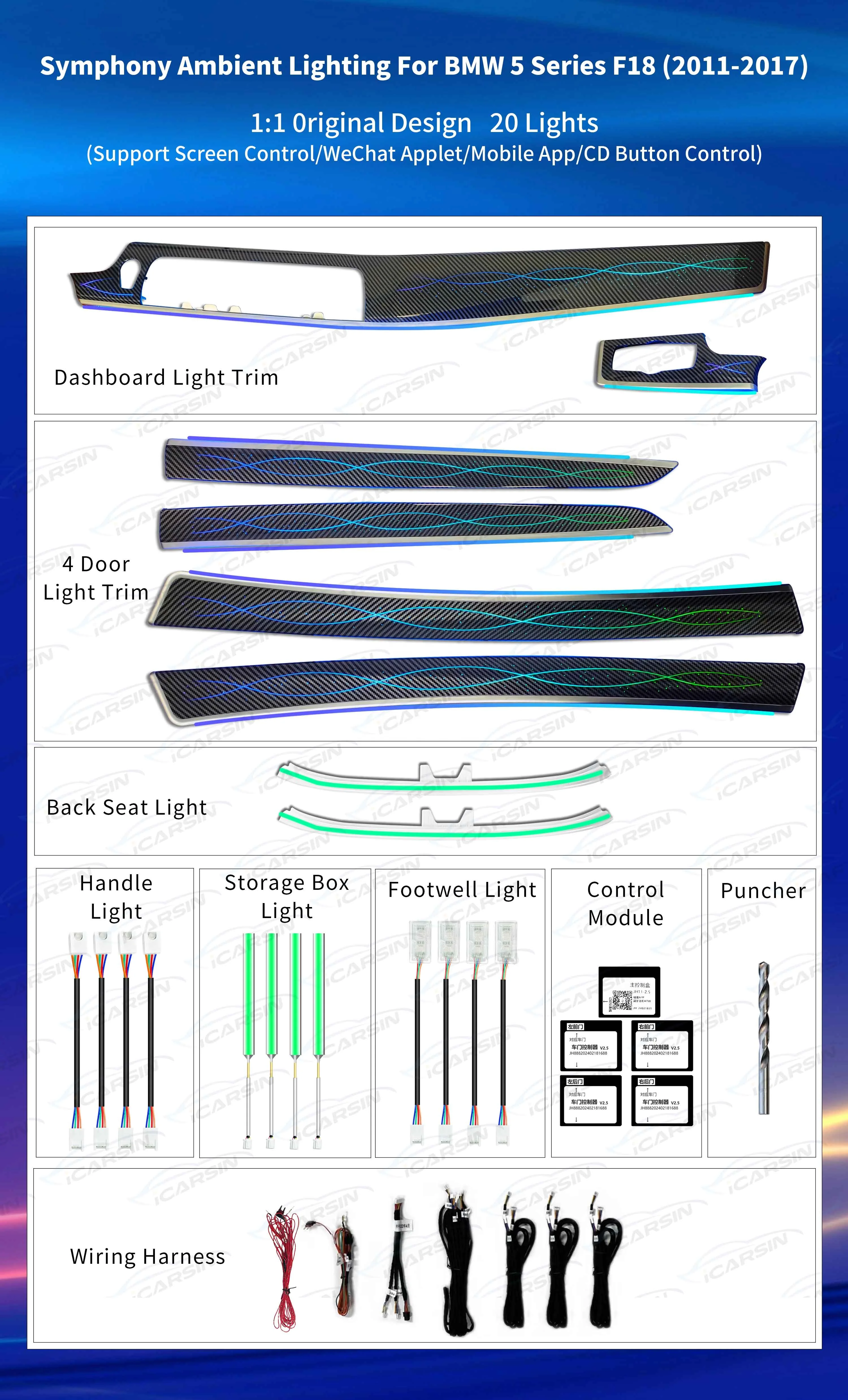 สําหรับอัพเกรด 256 สี Symphony LED ภายในรถ Ambient Light สําหรับ BMW 5 Series F10 F11 F18 2011-2017 บรรยากาศ Strip เครื่องประดับ