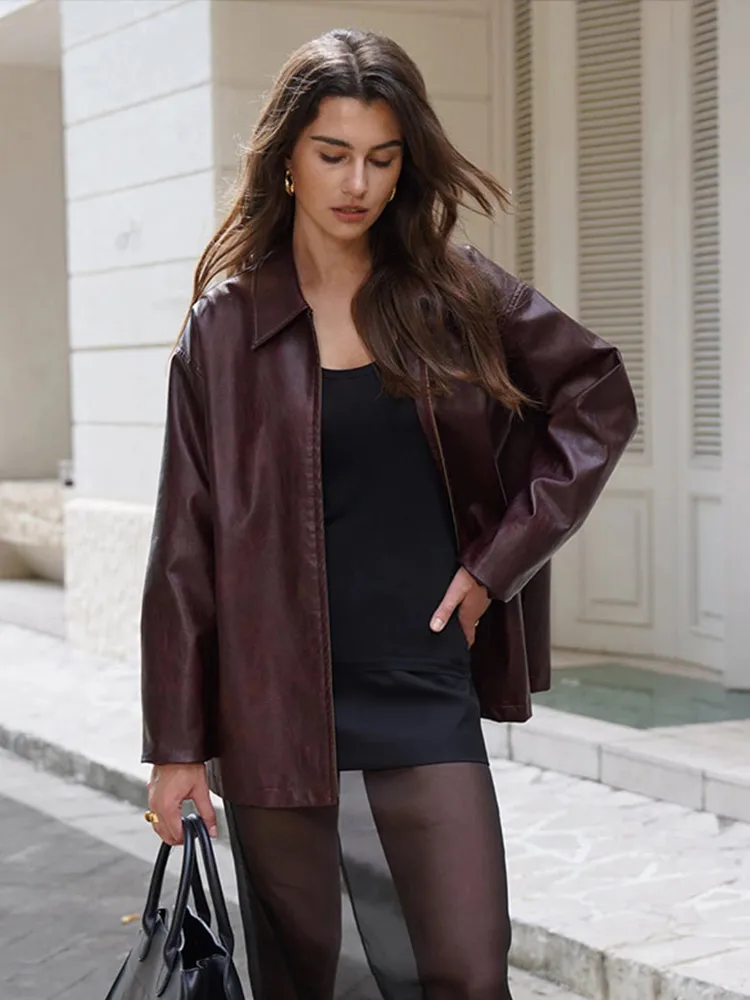 

Retro Wine Red Women's Jacket Casual Long Sleeved Zipper Leather Short Coats 2024 Autumn Winter New In Coat High Street Outwears