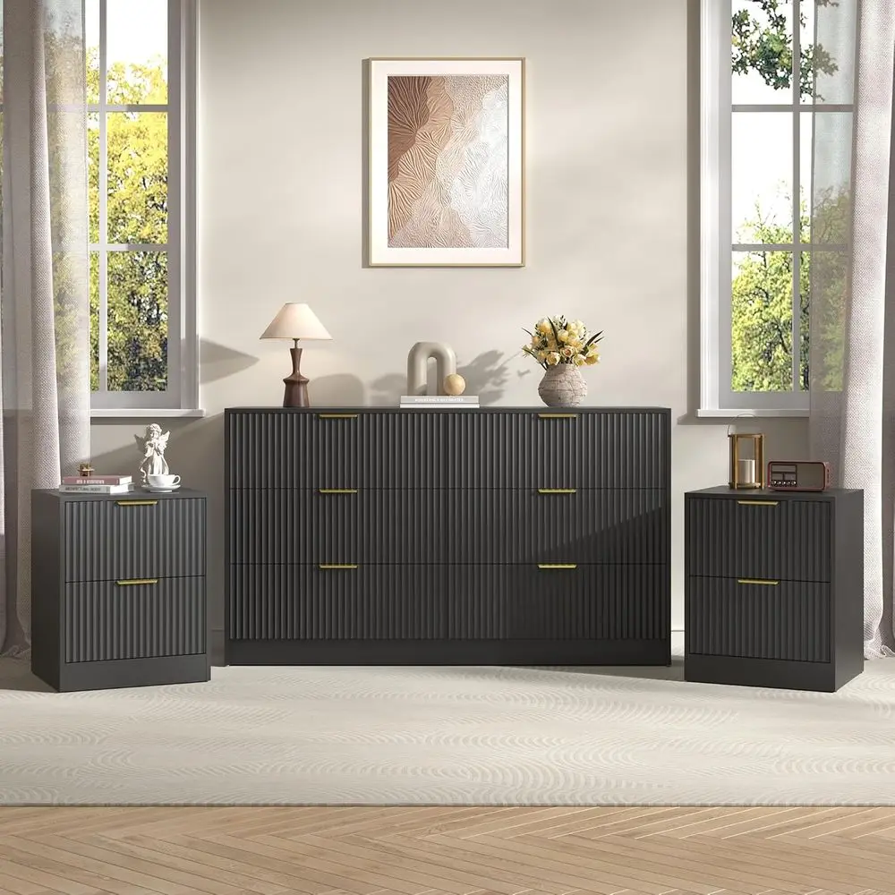 

3-Piece Solid Wood Bedroom Furniture Set: Wide 6-Drawer Dresser & 2 Nightstands