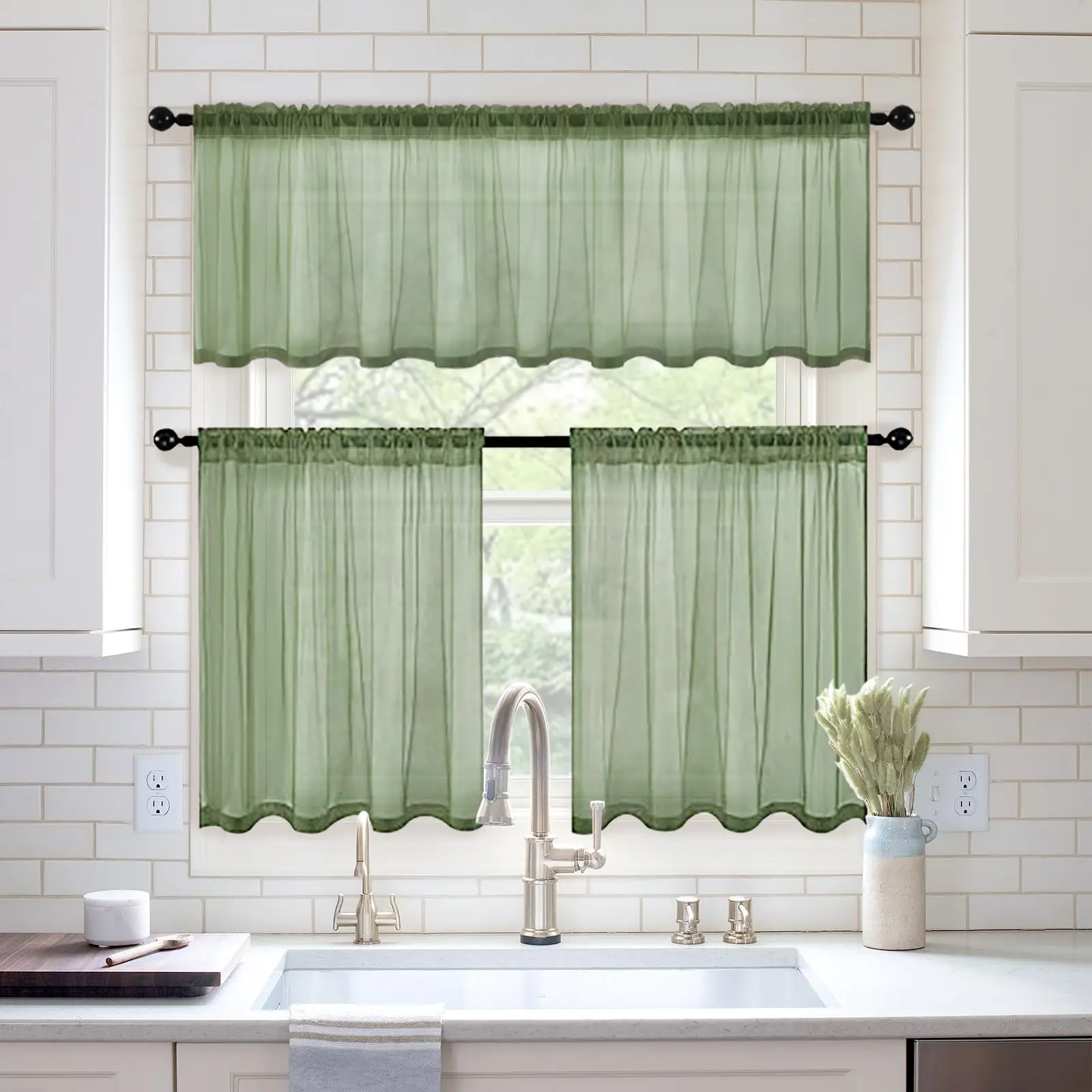 Spring Half Window Valance Sheer Curtains Sage Green Rod Pocket Extra Wide Voile Drapes for Small Window Kitchen Cafe One Panel