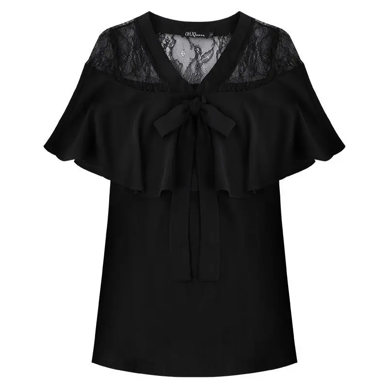 Elegante V-hals Vlinder Mouw Kant Spliced Chiffon Blouse Losse Korte Mouwen Pendelen Vrouwen Kleding Oversized Casual Shirt