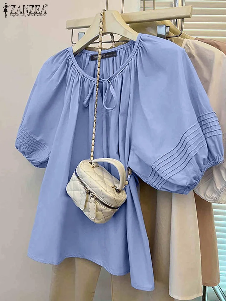 

ZANZEA Women Summer Elegant Blouses 2025 Fashion Short Sleeve Pleated Shirts Tunic Tops Bandage Casual Solid Color Loose Blusas