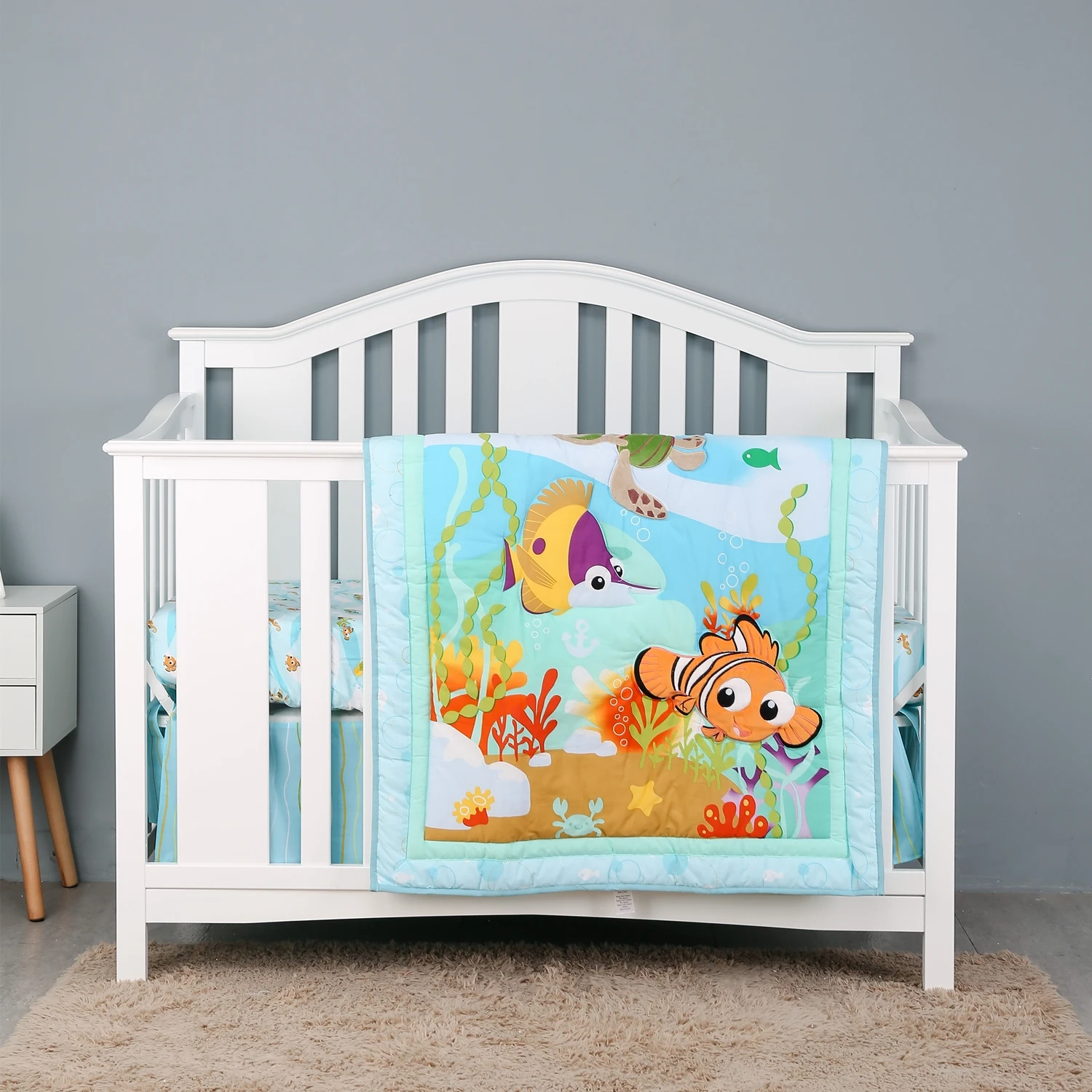 7Pcs Sea World Baby Girl Crib Bedding Set Crib Comforter Set for Girls Nursery Bedding (4Bumper Crib Sheet Comforter Crib Skirt)