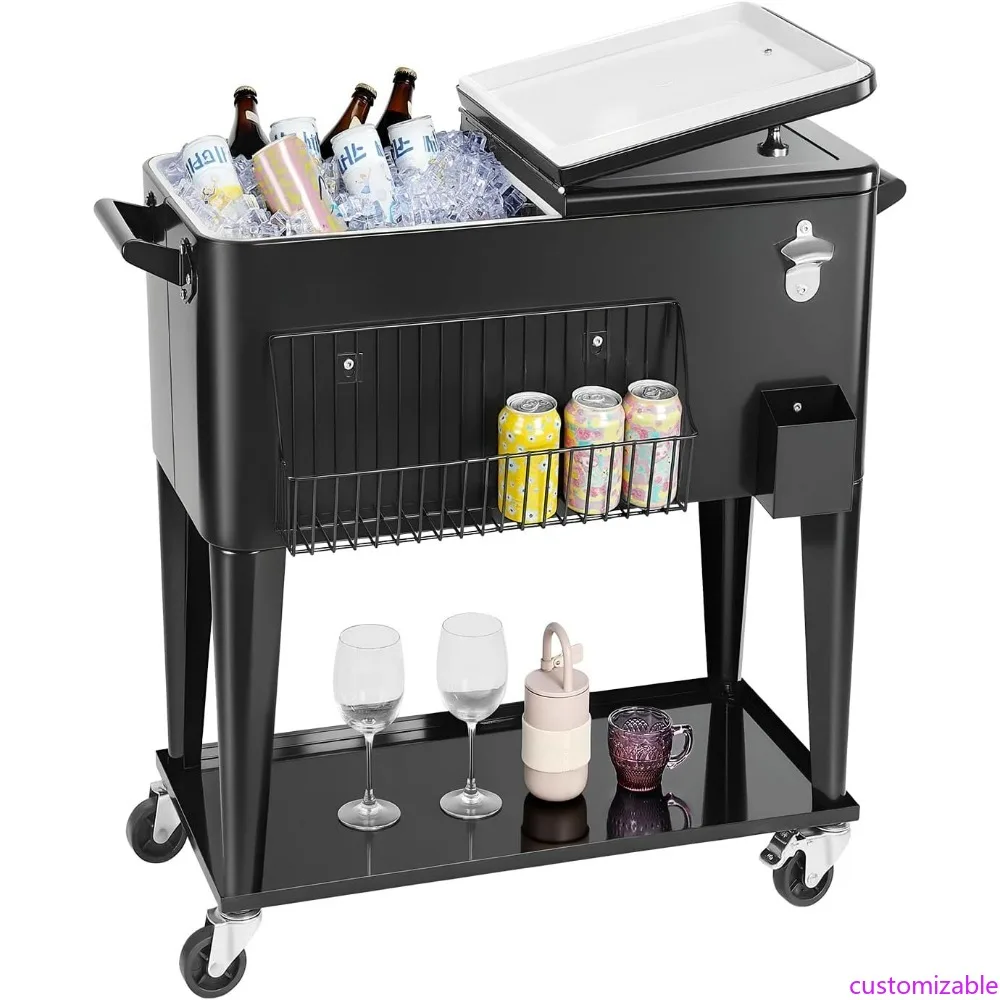 

Portable 80 Quart Rolling Ice Chest for 50 Bottles or 110 Cans, Outdoor Patio Party Drink Cooler Cart with Bottom Shelf