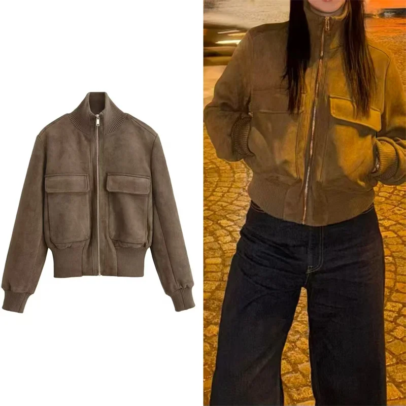 Guobioziy Women's Jacket 2026 Fall New Khaki Long-Sleeve Pocket Decor Stand Collar Jacket Parka Casual Fashion