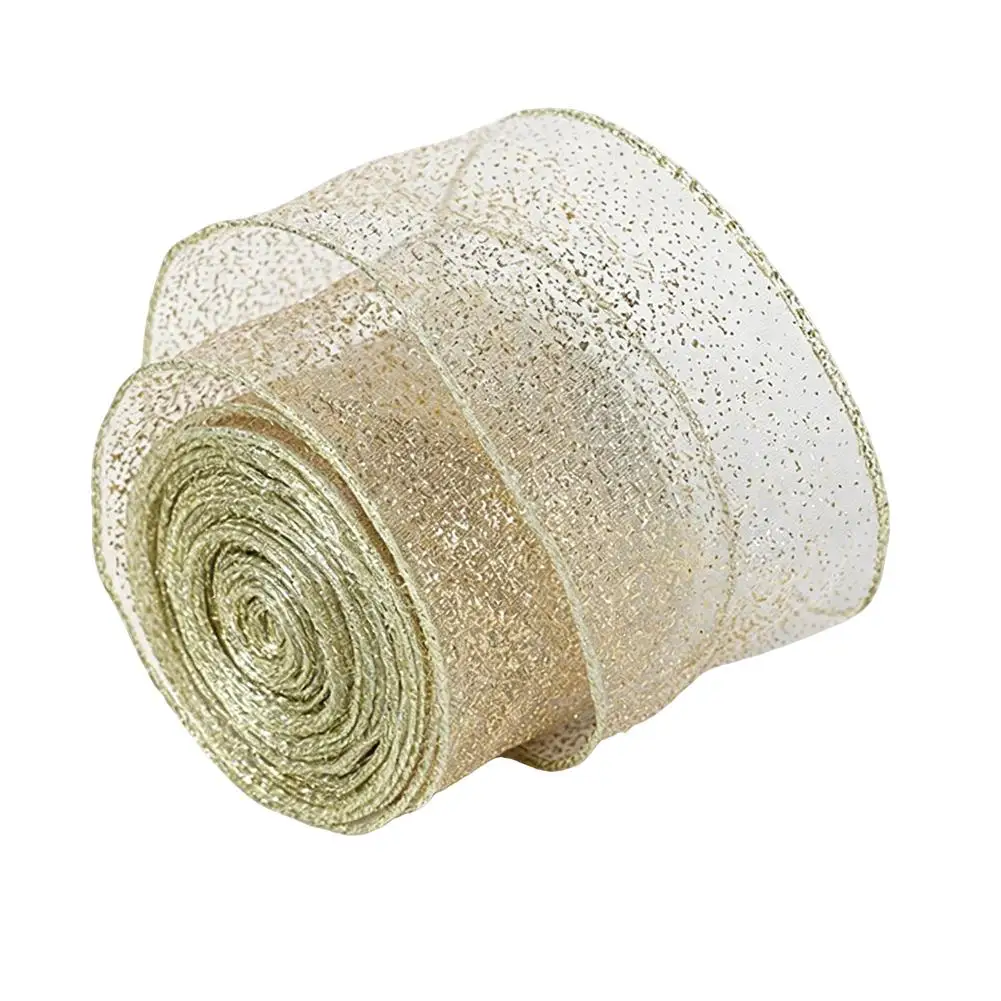 2m 2027 Christmas Ribbon Golden Silver Champagne Polyester Gliter Ribbon DIY Xmas Tree Bow Gifts Packing Navidad Home Decoration view 6