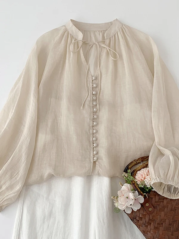 

Женский льняной топ из хлопка и льна в стиле ретро, свободный льняной фонарь с поясом на одной пуговице и v-образным вырезом