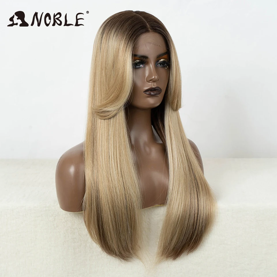 Perruque Lace Front Wig synthétique lisse sans colle-Noble, perruque Lace Wig, blonde miel ombré, marron, 24 pouces, perruque Lace Wig à reflets,