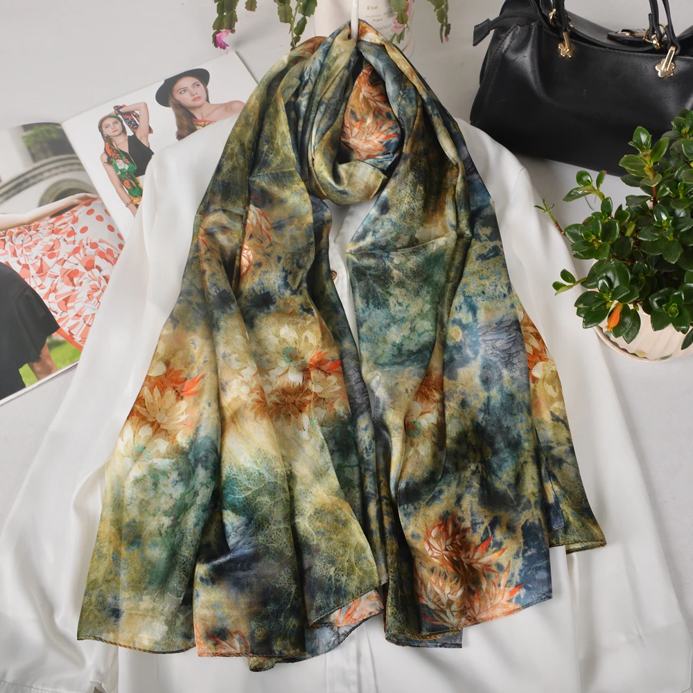 BYSIFA| Blue Green 100% Mulberry Silk Shawl Scarf Fashion Women Spring Fall Floral Style Long Scarves Bufand Summer Beach Shawls