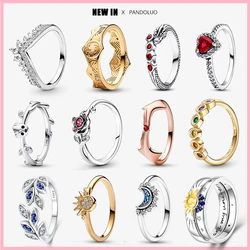 Pandora 2023 Hot Sale Novo no Sol Celestial & Lua Anel Set 925 Mulheres de Prata Casal Jóias Noivado Presente de Aniversário Várias Combinações