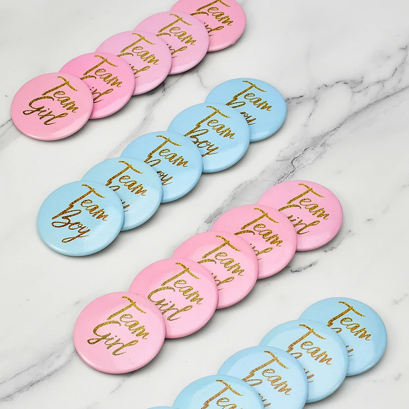 10 Uds. De insignias para niños y niñas, insignia de estaño reveladora de género, regalo para invitados, suministros para fiesta reveladora de género, insignia decorativa para Baby Shower