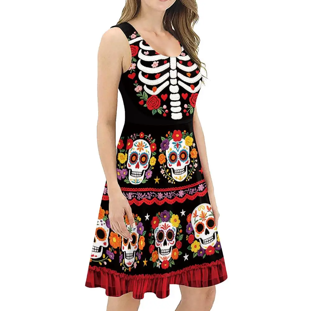 Damenkleid mit Zuckerblumen- und Totenkopfdruck, ärmelloses Sommerkostüm, mexikanische Kleidung zum Tag der Toten, Halloween-Festival, Kostüm – Detail 4