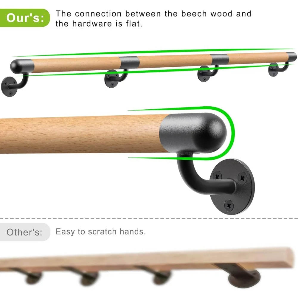 درابزين درج داخلي بطول 3-10 أقدام، مثبت على الحائط الخشبي، دعامات معدنية، قبضة مريحة غير قابلة للانزلاق، أمان ودعم للسلالم #4