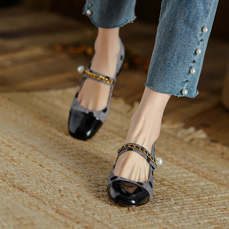 2022 New Mary Jane Women Shoes LEISURE Retro Buckle Shallow Pumps Square Toe Thick Heel Shoes Woman Zapatos De Mujer Spot Pearl