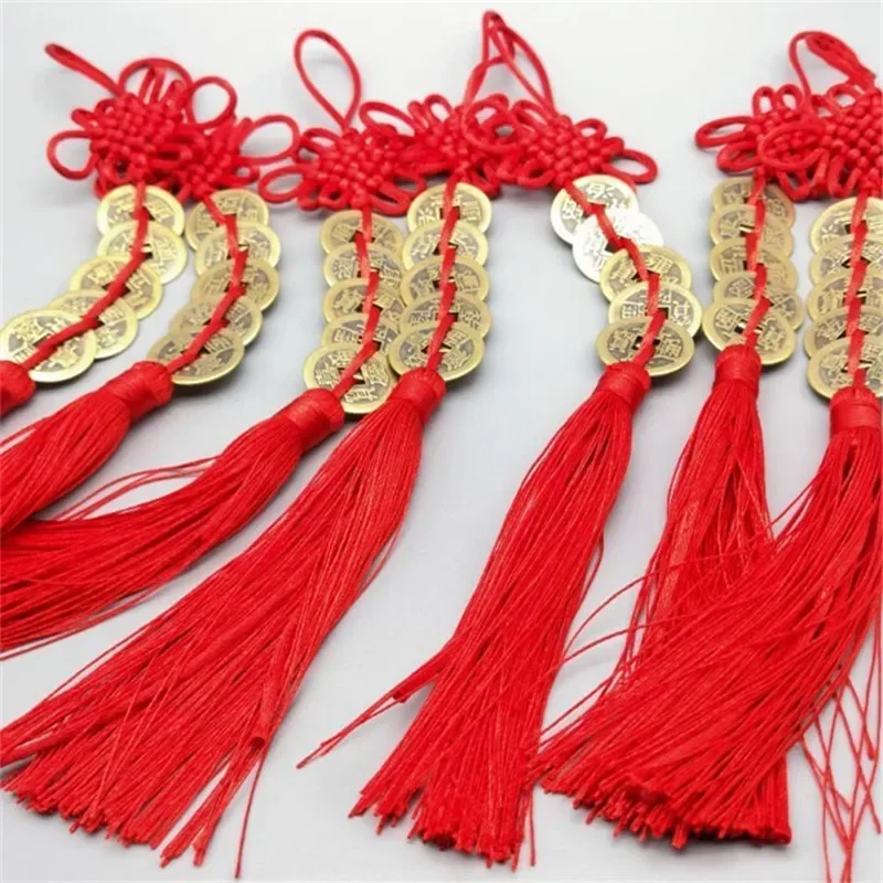 Five Emperors Money Red Chinese Knot Gourd Pendant Zhaocai Town House Copper Coin Car Tassel Pendant Feng Shui Talisman Amulet