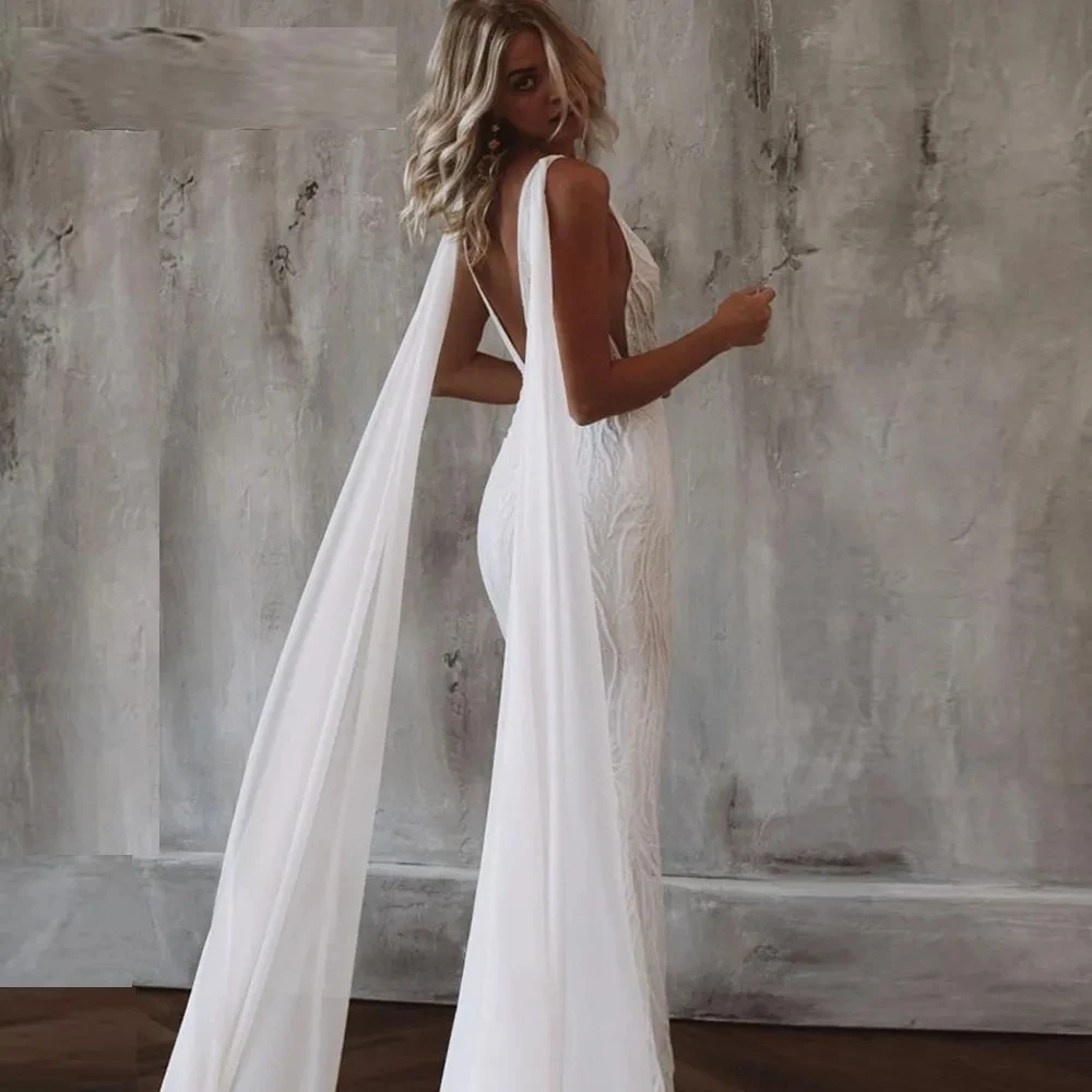 Abiti da sposa Sexy senza schienale con scollo a v senza maniche Appliques in pizzo a sirena lunghezza del pavimento abiti squisiti 2023 Vestidos De Novia 2024