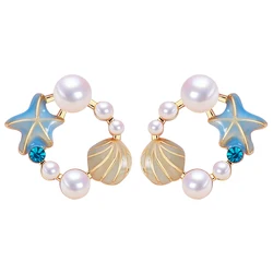 ZHBORUINI Natural Freshwater Pearl Earrings Cute Starfish Shell 14K Gold-Plated Pearl Female Jewelry S925 Silver Ear Needles