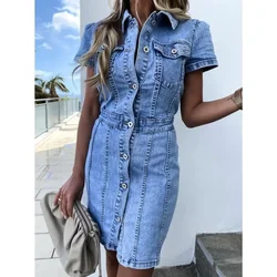 Single-Breasted Sheath Denim Dress Short Sleeve Trend Stretch Denim Dress Women Mid Length Retro Slim-Fit Pockets Casual Dress