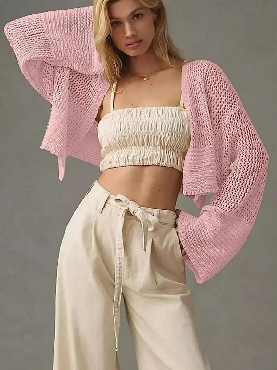 

Cropped Lightweight Open Front Knit Cardigan For Women Boho Summer Outerwear