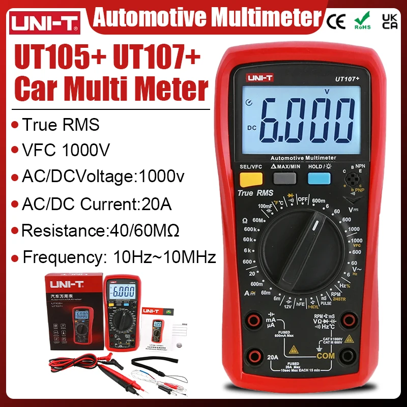 

UNI-T UT105 + UT107 + Plus автомобильный мультиметр с тахометром, скоростью двигателя, об/мин, VFC-тестер, профессиональный цифровой автомобильный мультиметр