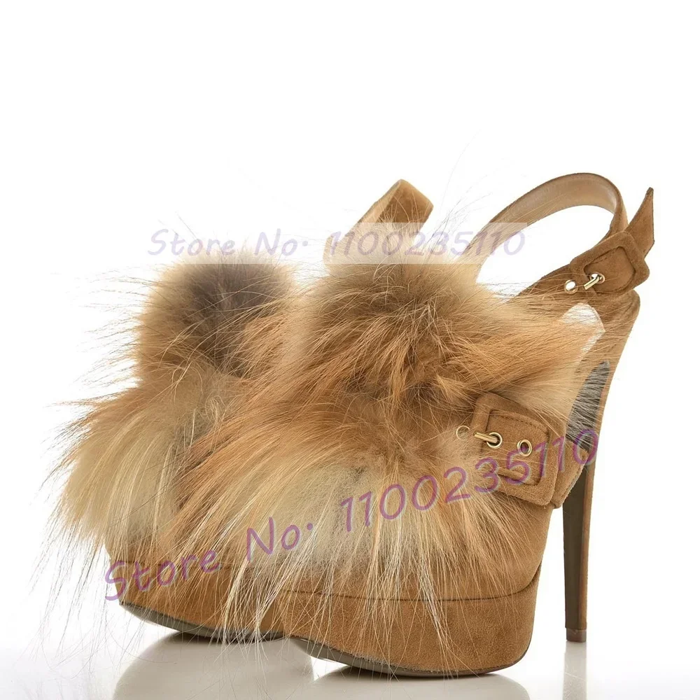 Fur Decor Platform Back Strap Sandals Women Trendy Buckle Strap Open Toe Stiletto Shoes Chic Stylish Sexy Female Dress Sandals