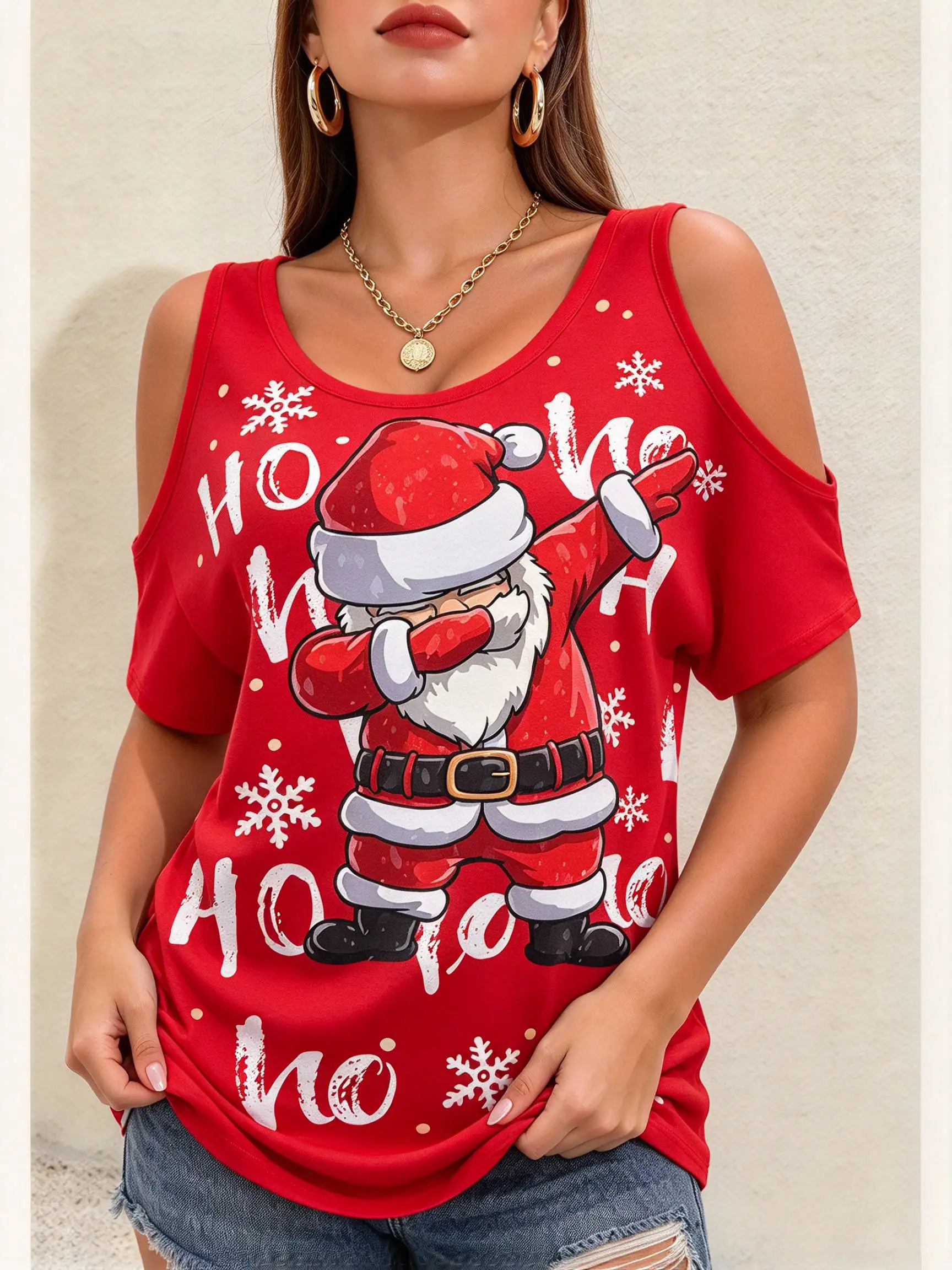 Funny 3D Santa Claus Print Women's Cold Shoulder T-Shirts Hip Hop Trend New Year Party Short Sleeve Tops Fashion X'mas Clothing
