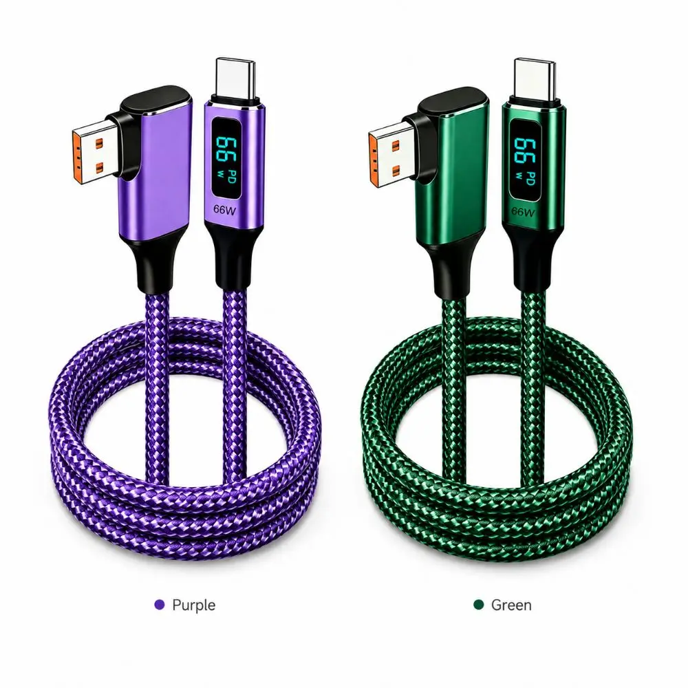 66W Fast Charging USB-A to USB-C Cable Real-Time Display Nylon Braided Right Angle Charging Cord Data Transfer Right Angle