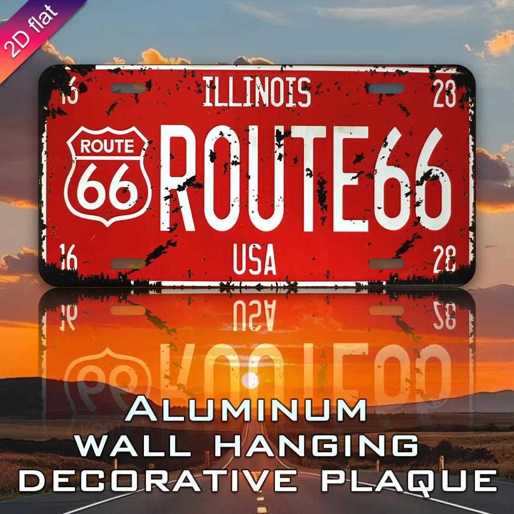 ديكور حائط لوحة ترخيص معدنية - تصميم Route 66 Retro، شطرنج مطبوع بالأشعة فوق البنفسجية، ديكور فني جداري داخلي وخارجي متين، مناسب