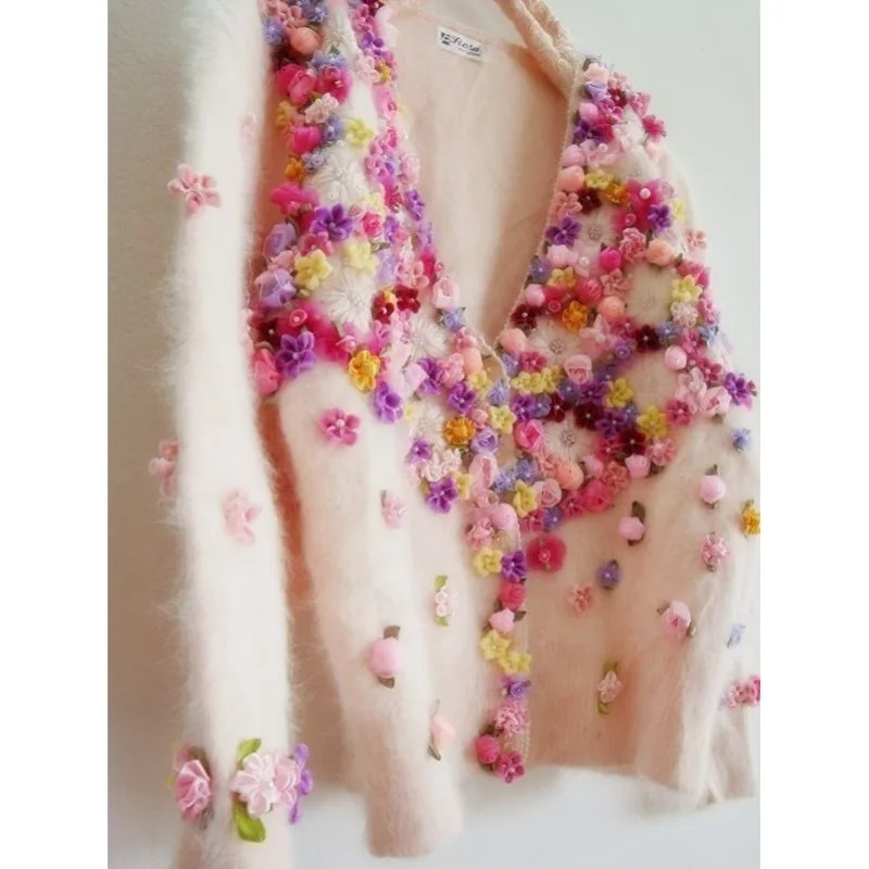 Luxury Handmade 3D Flowers Pink Mohair Sweater Coat Crocheted Floral Mink Cashmere Jacket Plush Knitted Cardigan Knitwear Tops