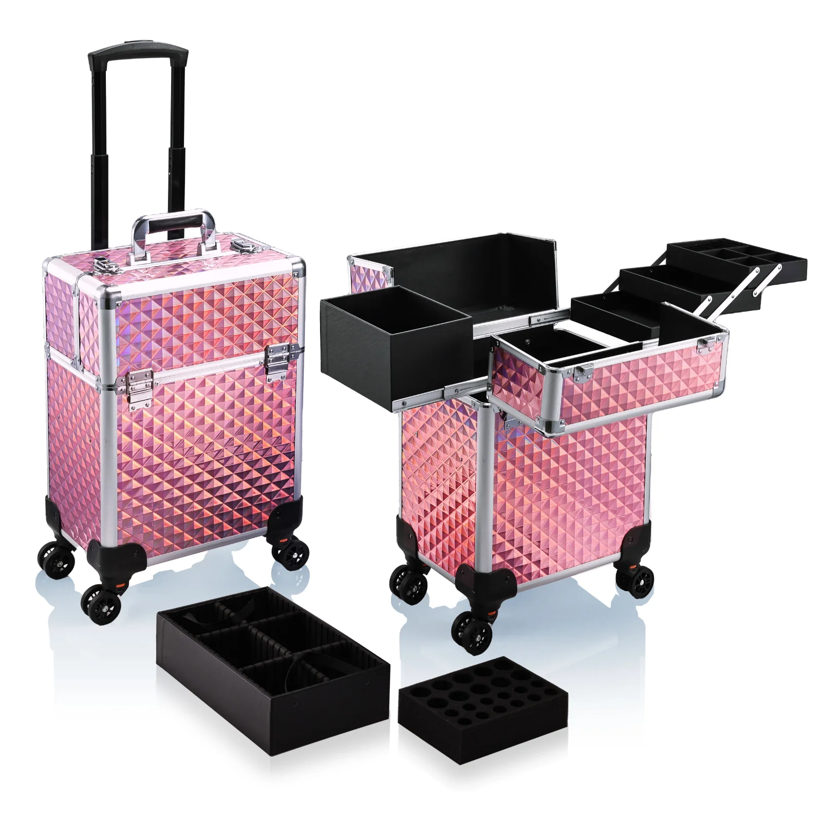

Rolling Makeup Train Case Large Storage Cosmetic Trolley 4 Tray with Sliding Rail Removable with Key Wheels Traveling Cart Trunk
