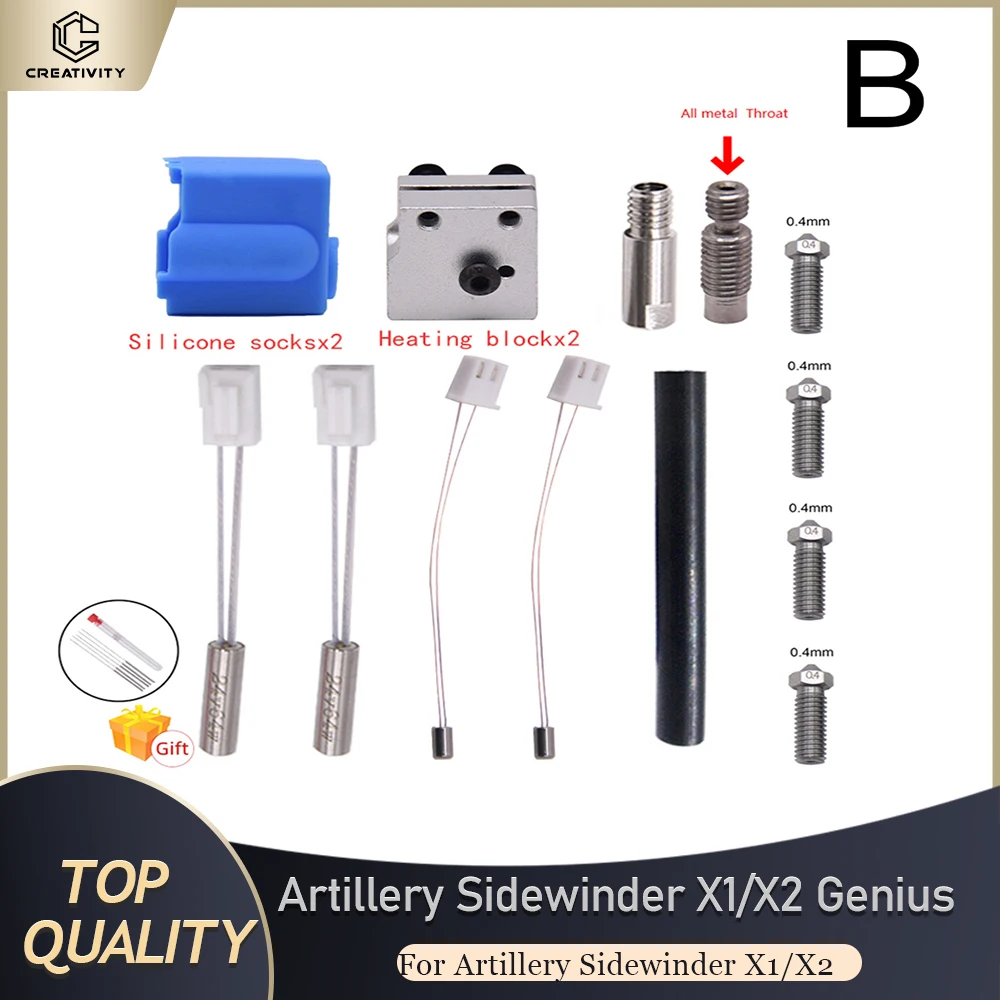 Sidewinder x1 x2 & genius pro bocal de silicone vulcão hotend kit aquecedor cartucho termistor metal titan extrusora braço