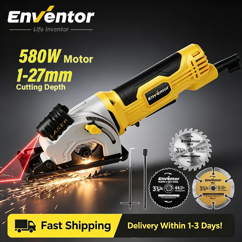 Enventor Mini Circular Saw 580W Motor Electric Circular Saw With 3 Saw Blades 4000RPM Cutting Depth 27mm for Wood Cutting